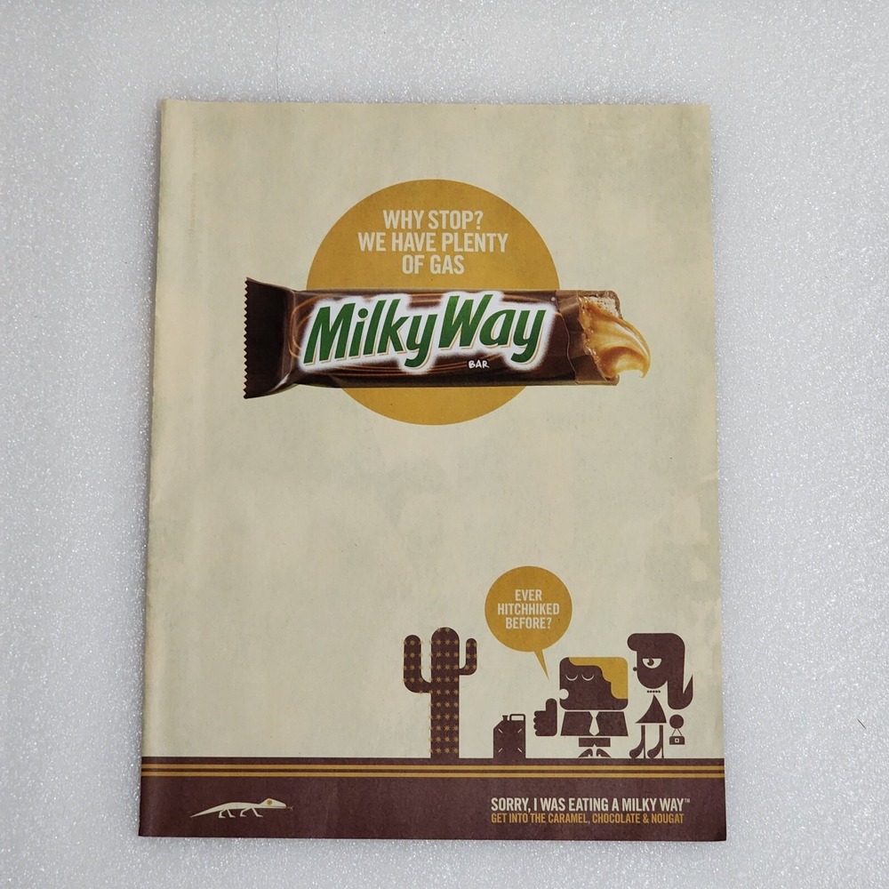 Print Ad Milky Way desert gas can cactus lizard man woman cartoon 8x10 2012